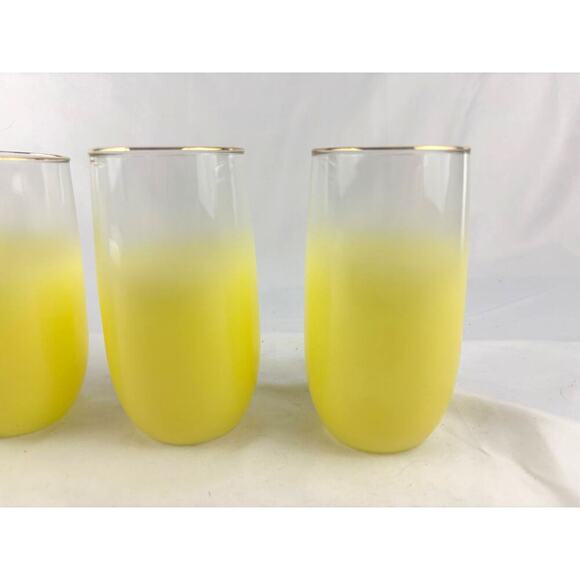 Mid Century Vintage Blendo Yellow Frosted Glass Cocktail Set of 4 Gold Rim 1950s - Picture 6 of 16
